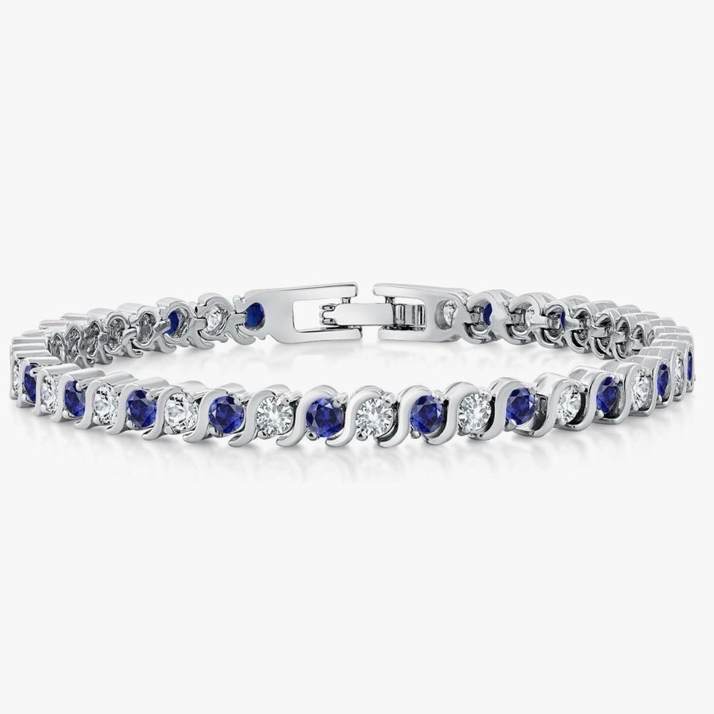 NEW 14K White Gold Plated Sophisticated Silver and Blue CZ Gem Bracelet 7 Inch